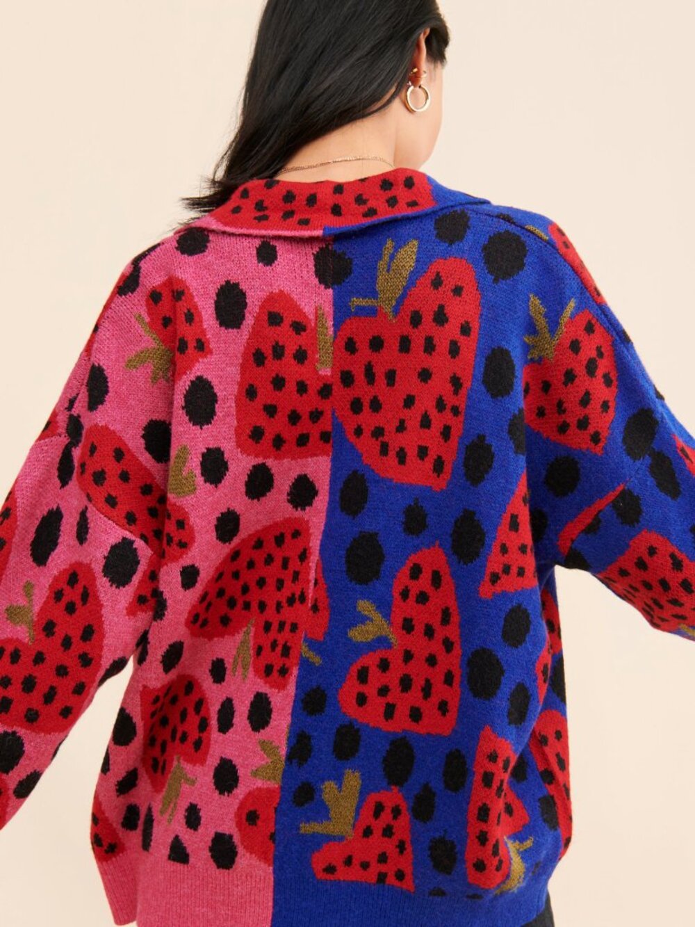 FARM Rio Strawberry Hearts Cardigan Sweater – Pink & Blue Split Print (Size M) - Picture 3 of 8